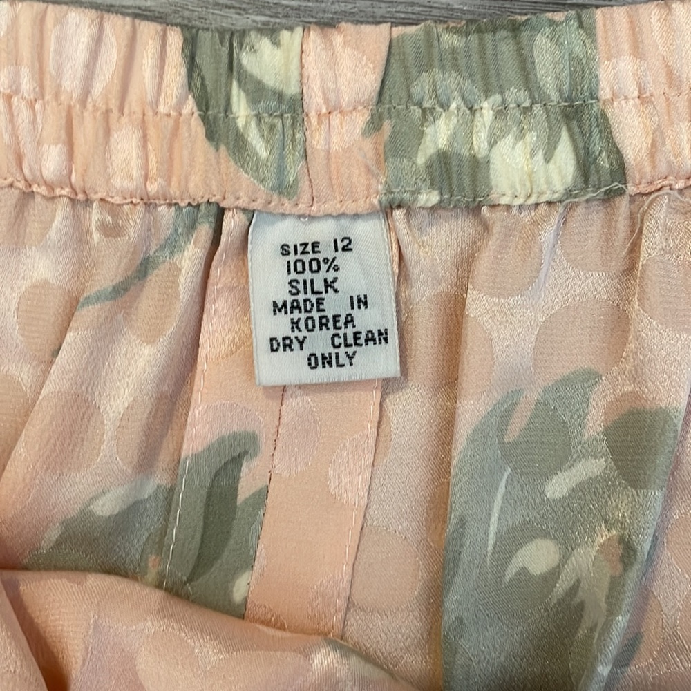 Vintage 100% Silk Pink with Pale Green Floral Elastic Waist Midi Skirt Size 12 - Picture 9 of 11